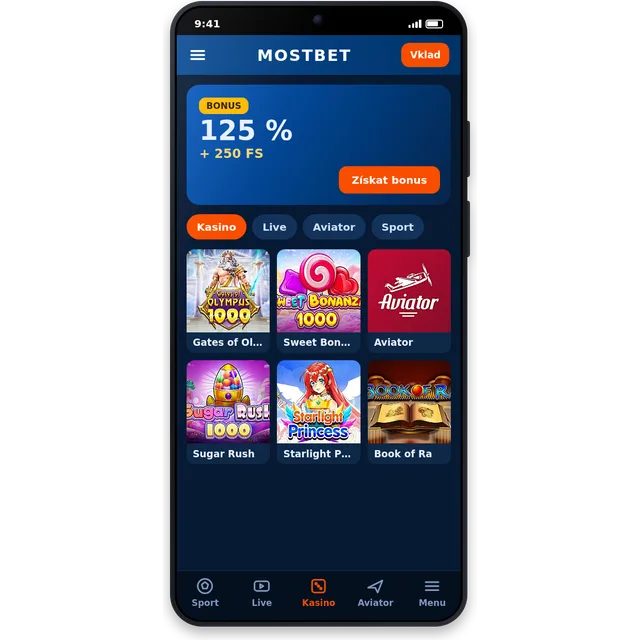Startbildschirm der Mostbet App mit Casino und Sportwetten